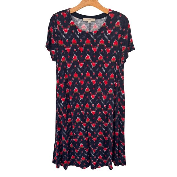 LOFT Navy Red Geometric Print Rayon T-Shirt Dress Size LARGE Short Sleeve Swing - Picture 1 of 11